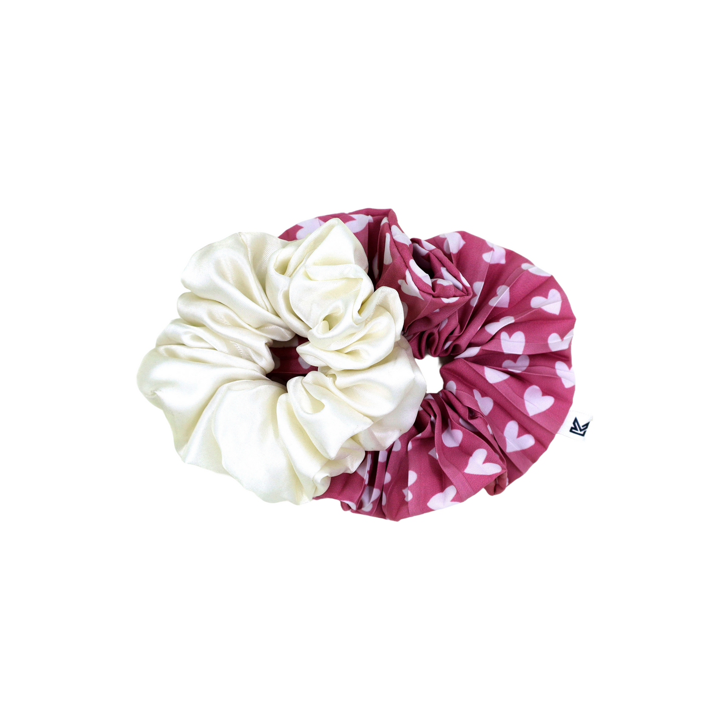 Classics Pink & White Heart Printed with pleated Satin Scrunchies (Xl Size) - Set of 2