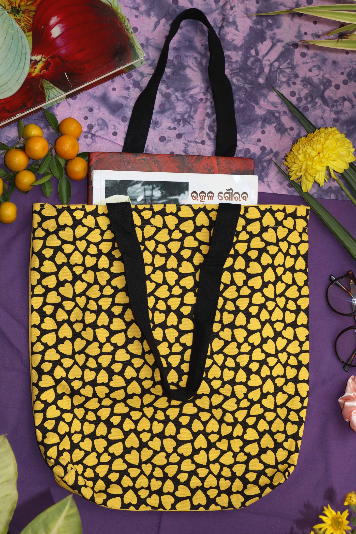 Yellow Heart Print Cotton Tote Bag – Bold & Reusable