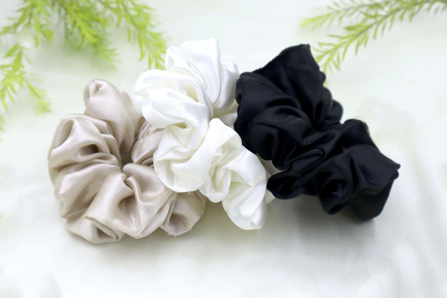 Luxury Satin Scrunchies- Brown gold, Black & Off white (Xl Size) - Set of 3