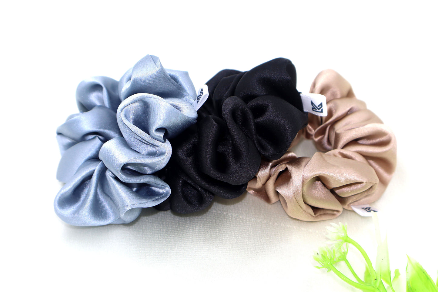 Luxury Satin Scrunchies- Brown gold, Black & Gray (Xl Size) - Set of 3