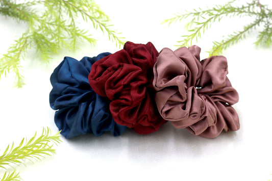 Luxury Satin Scrunchies- Teal blue, Maroon & Old rose  (Xl Size) - Set of 3