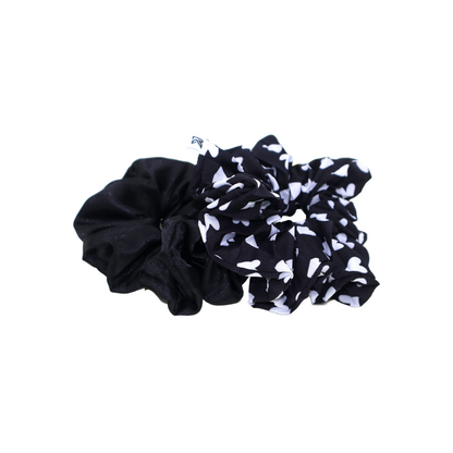 Classics Black & White Heart Printed with pleated Satin Scrunchies (Xl Size) - Set of 2