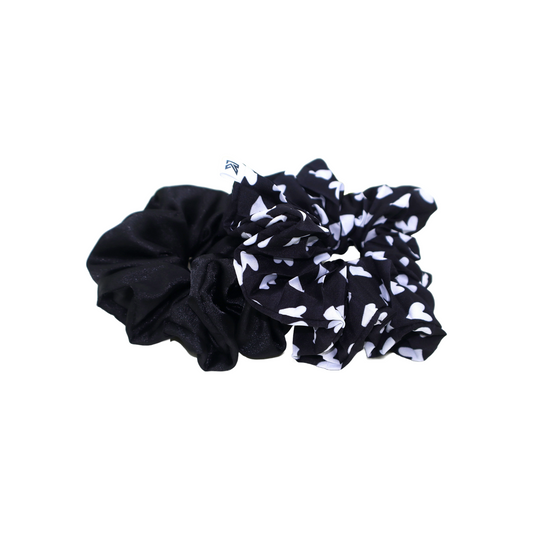 Classics Black & White Heart Printed with pleated Satin Scrunchies (Xl Size) - Set of 2