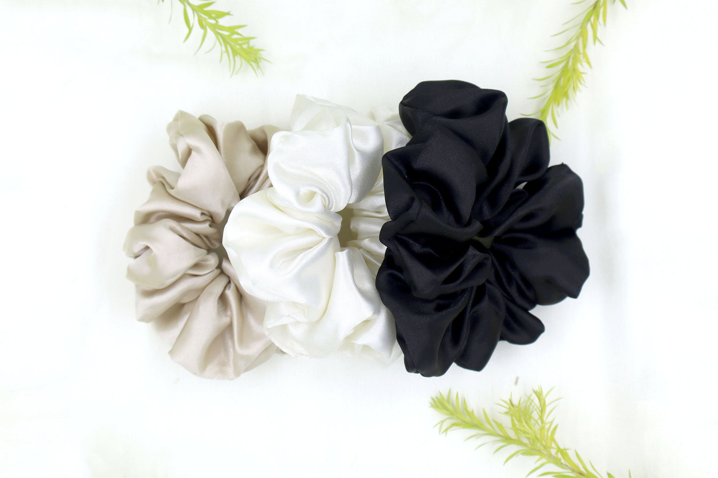 Luxury Satin Scrunchies- Brown gold, Black & Off white (Xl Size) - Set of 3