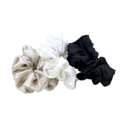 Luxury Satin Scrunchies- Brown gold, Black & Off white (Xl Size) - Set of 3