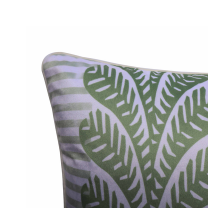 Pastel Green Leaf Cushion Cover | Modern Botanical Throw Pillow Case with Striped Detail | Soft Velvet Front & Cotton Back, Durable YKK Zipper | 16x16 Inch for Sofa, Couch & Living Room