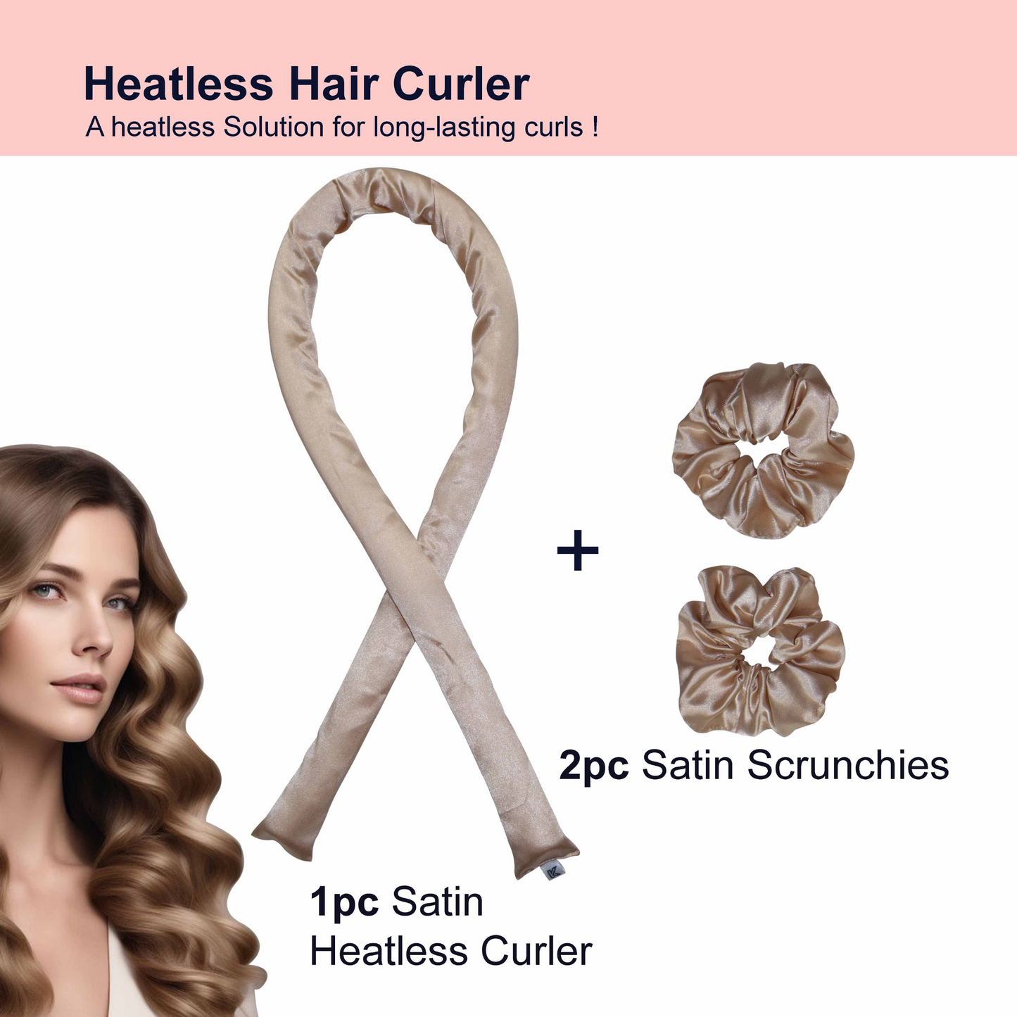 Heatless Hair Curler Set – Satin Ribbon Roller with 2 Scrunchies for Overnight Curls