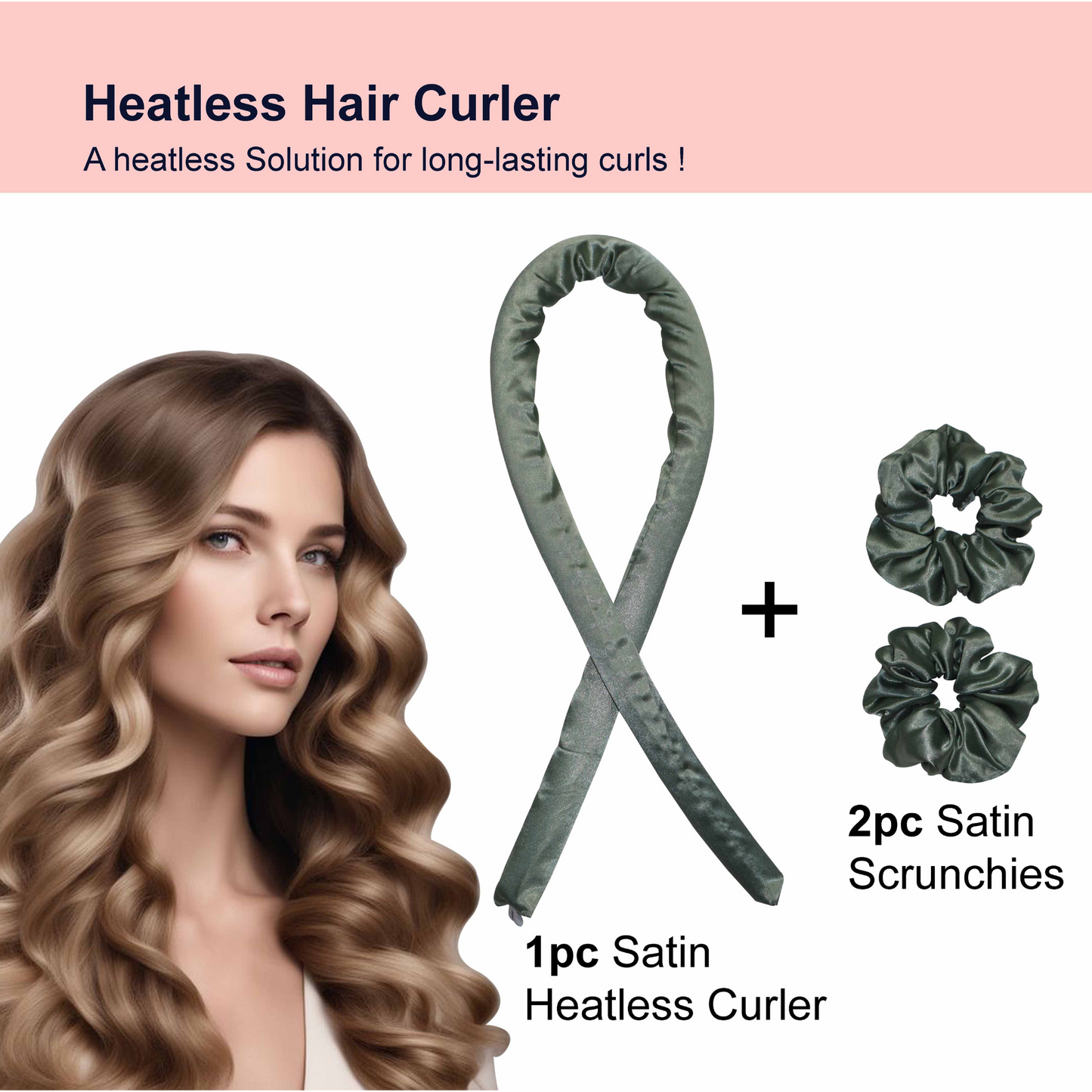 Heatless Hair Curler Set | Green | Satin Ribbon Roller with 2 Scrunchies for Overnight Curls