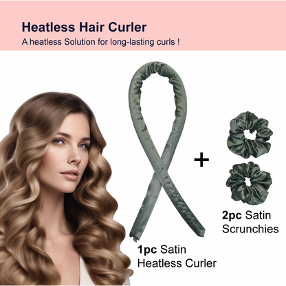 Heatless Hair Curler Set | Green | Satin Ribbon Roller with 2 Scrunchies for Overnight Curls