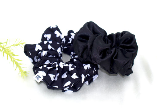 Classics Black & White Heart Printed with pleated Satin Scrunchies (Xl Size) - Set of 2