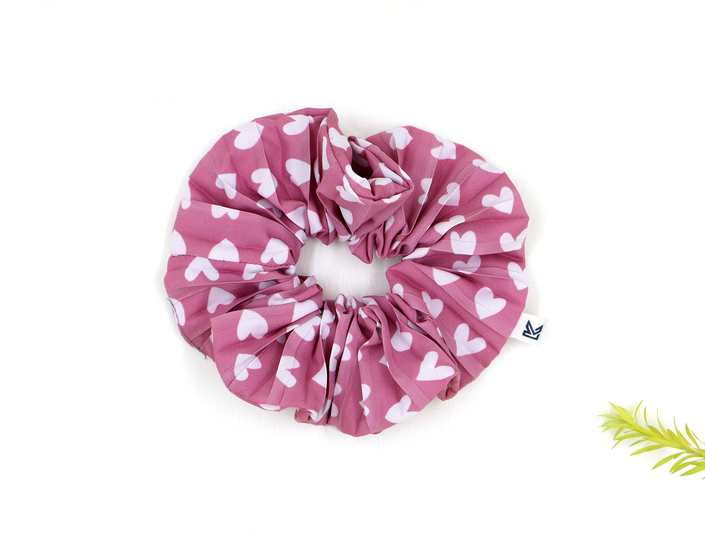 Classics Pink & White Heart Printed with pleated Satin Scrunchies (Xl Size) - Set of 2