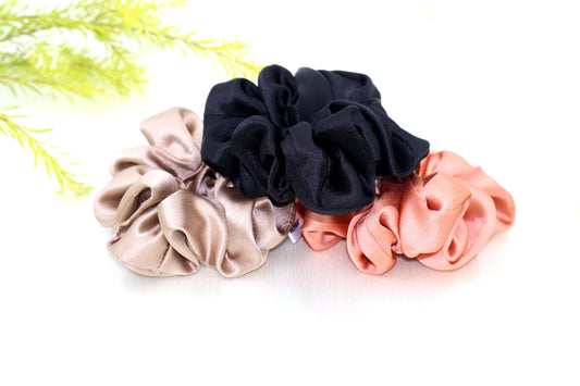 Luxury Satin Scrunchies- Black,Brown & Rose gold (Xl Size) - Set of 3