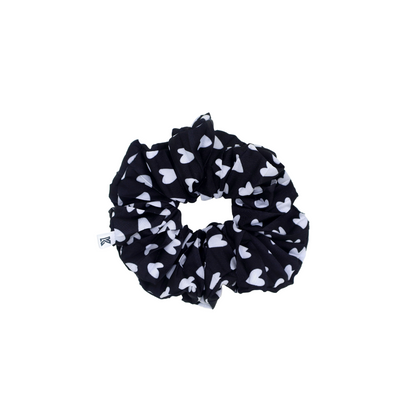 Classics Black & White Heart Printed with pleated Satin Scrunchies (Xl Size) - Set of 2
