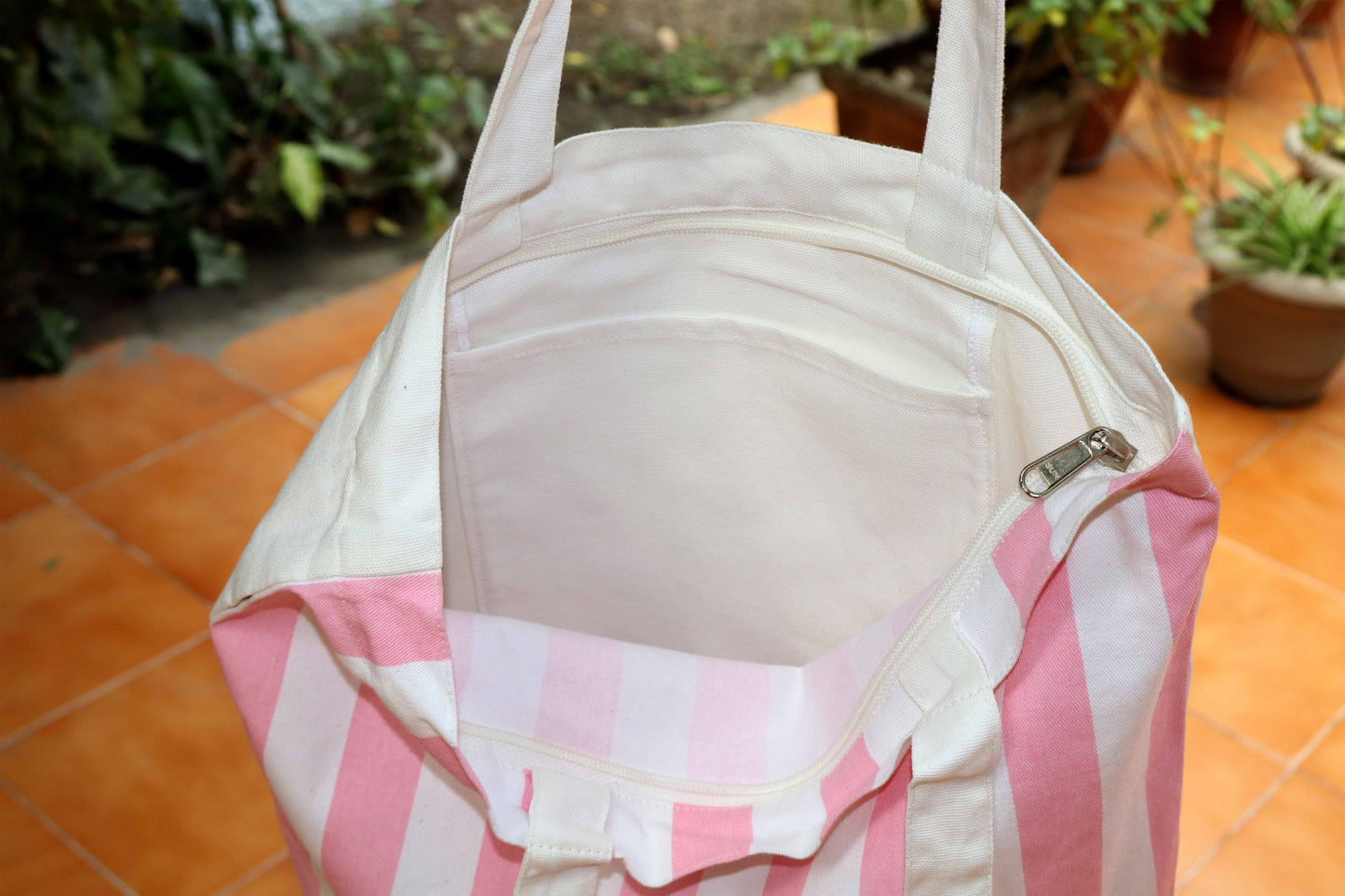 Pink & White Striped Fabric Tote Bag – Chic, Lightweight & Eco-Friendly