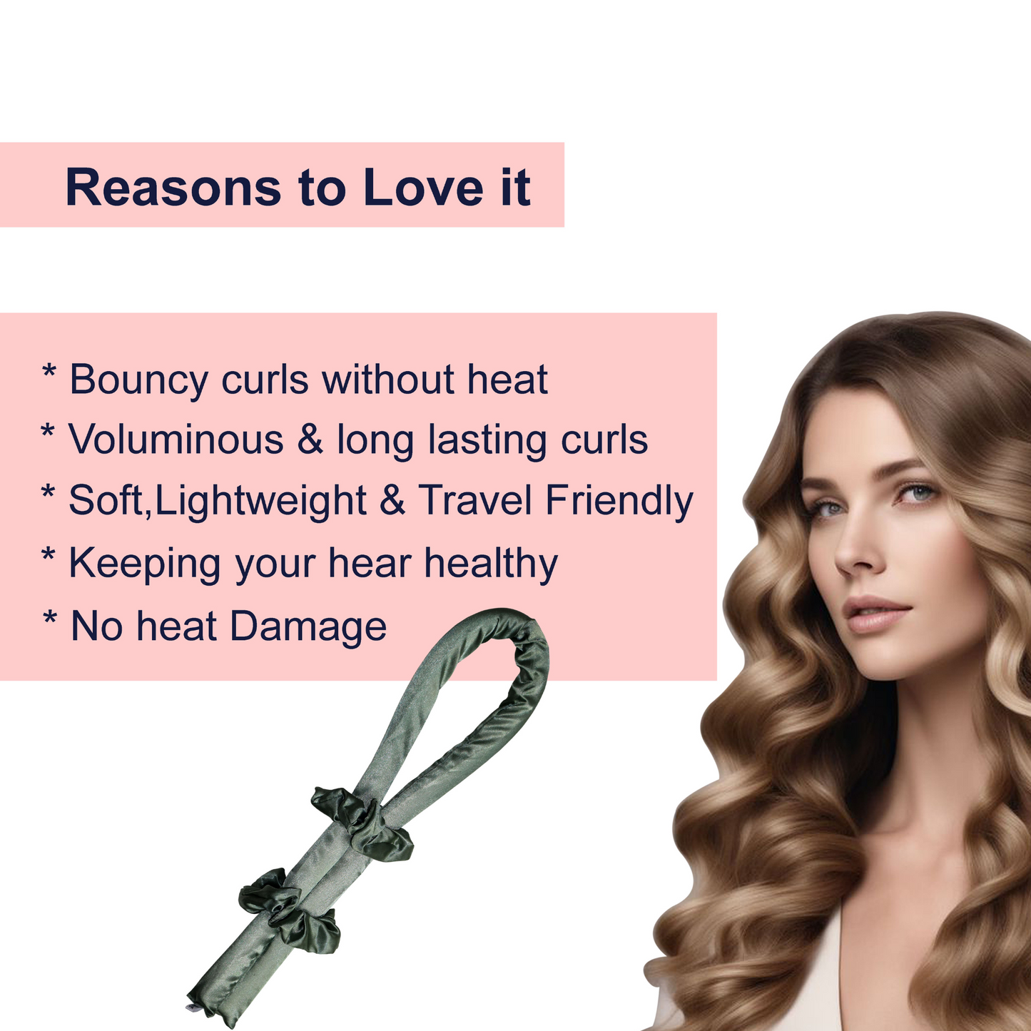 Heatless Hair Curler Set | Green | Satin Ribbon Roller with 2 Scrunchies for Overnight Curls