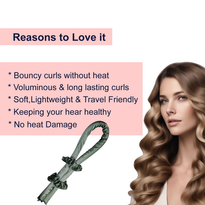 Heatless Hair Curler Set | Green | Satin Ribbon Roller with 2 Scrunchies for Overnight Curls