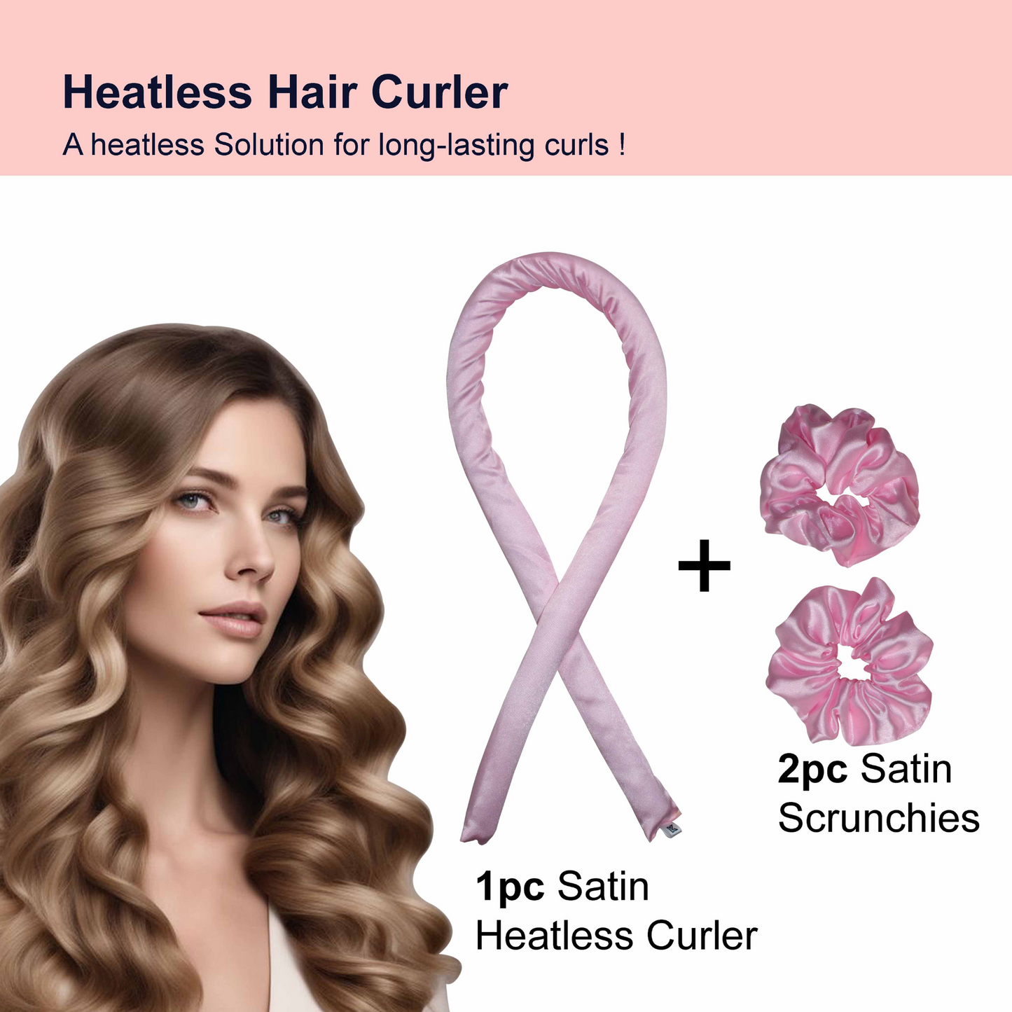 Pink Satin Heatless Hair Curler Set – Includes 2 Scrunchies