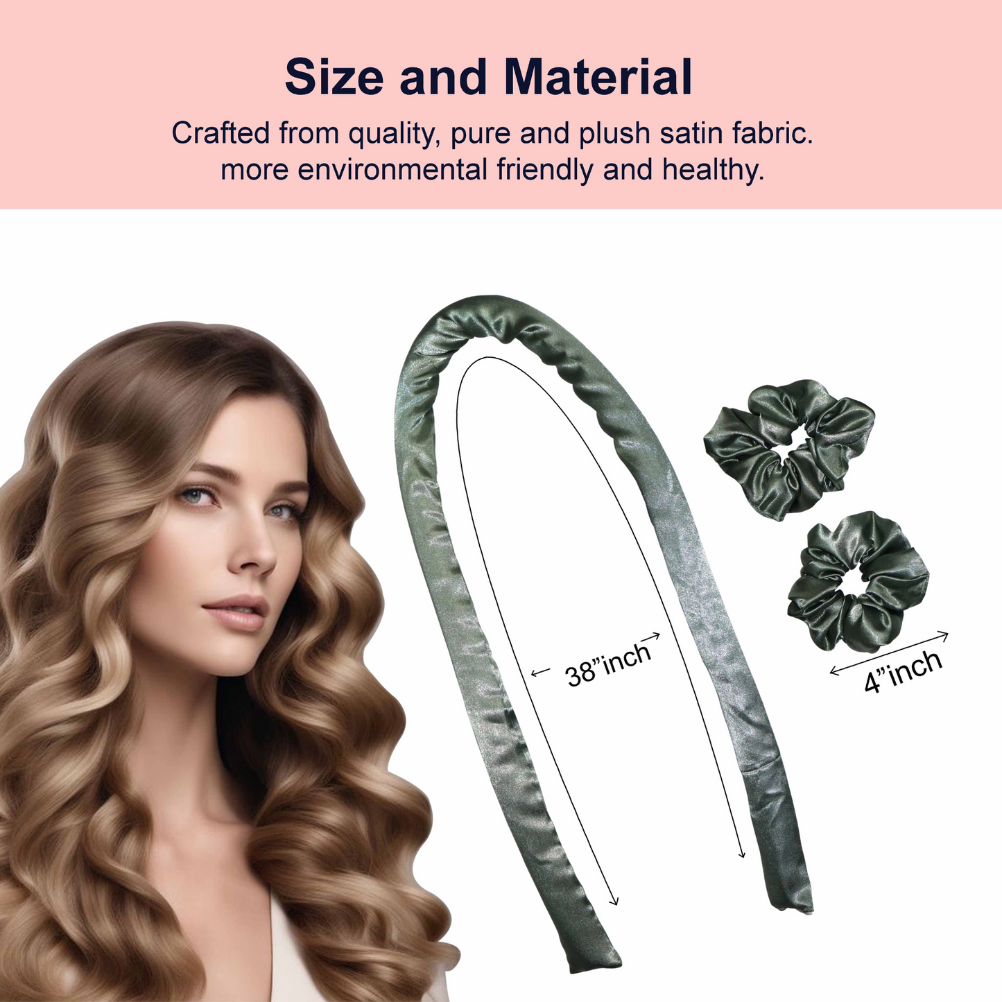 Heatless Hair Curler Set | Green | Satin Ribbon Roller with 2 Scrunchies for Overnight Curls
