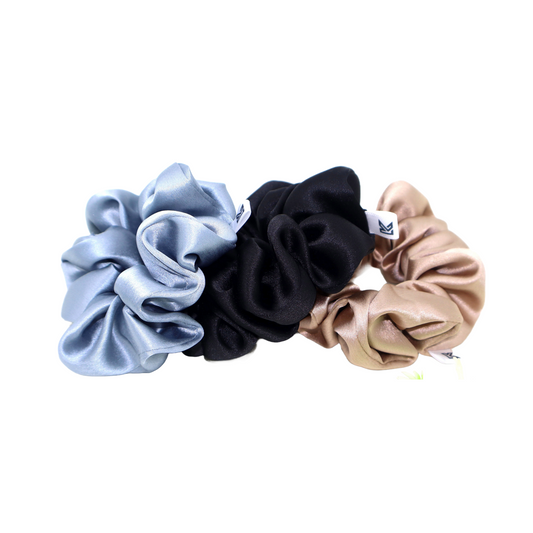 Luxury Satin Scrunchies- Brown gold, Black & Gray (Xl Size) - Set of 3