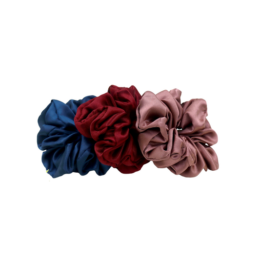 Luxury Satin Scrunchies- Teal blue, Maroon & Old rose  (Xl Size) - Set of 3