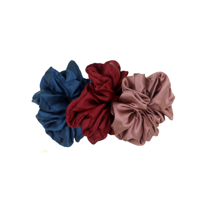 Luxury Satin Scrunchies- Teal blue, Maroon & Old rose  (Xl Size) - Set of 3