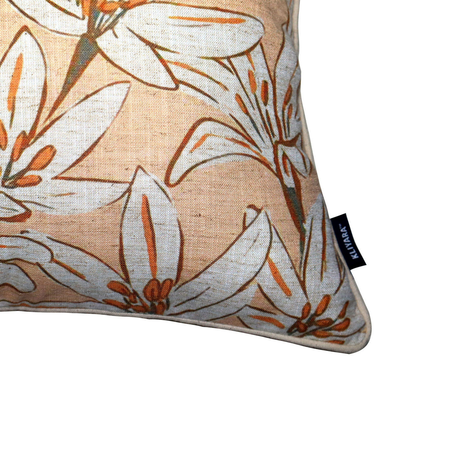 Beige & White Lily Print Cushion Cover – Cotton Duck Blend, 16x16 Inch