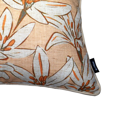 Beige & White Lily Print Cushion Cover – Cotton Duck Blend, 16x16 Inch