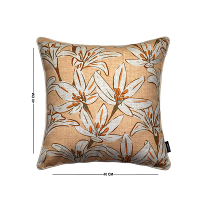 Beige & White Lily Print Cushion Cover – Cotton Duck Blend, 16x16 Inch