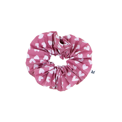 Classics Pink & White Heart Printed with pleated Satin Scrunchies (Xl Size) - Set of 2