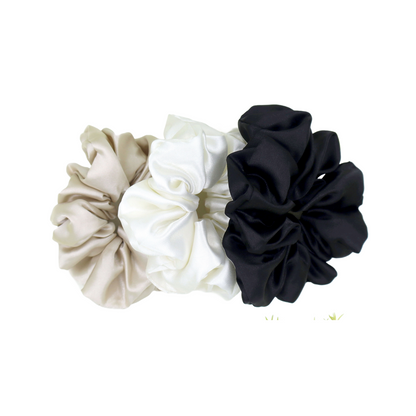 Luxury Satin Scrunchies- Brown gold, Black & Off white (Xl Size) - Set of 3